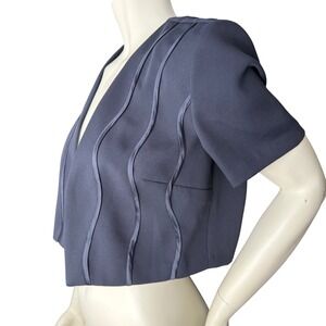 Sophisticate Navy Blue Cropped Bolero Jacket Wavy Ribbon Trim Vintage 90s Sz 10